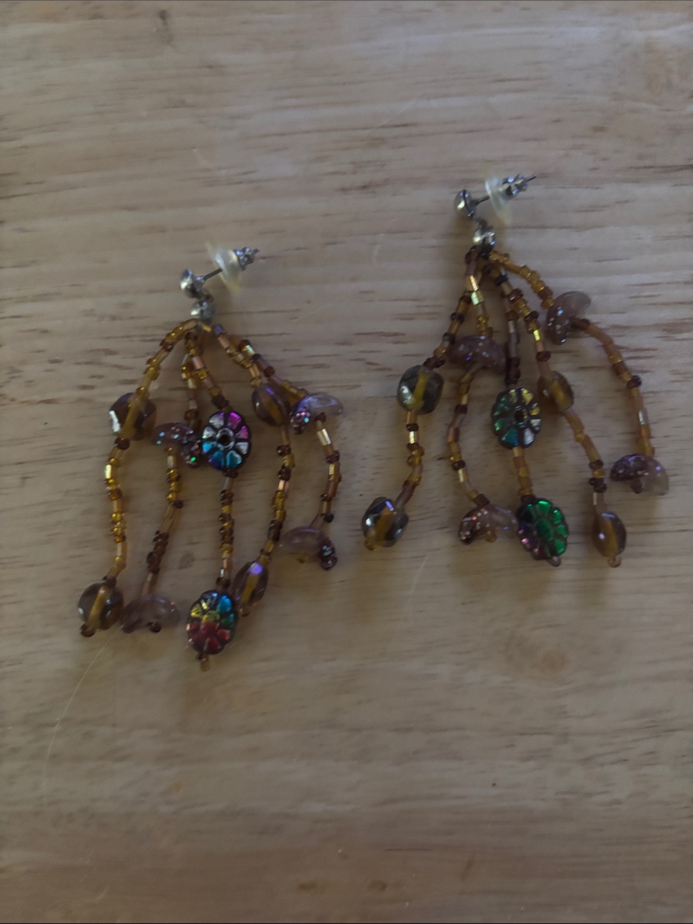 Brown Beaded Floral Dangle Earrings with Multicolor Flower Accents